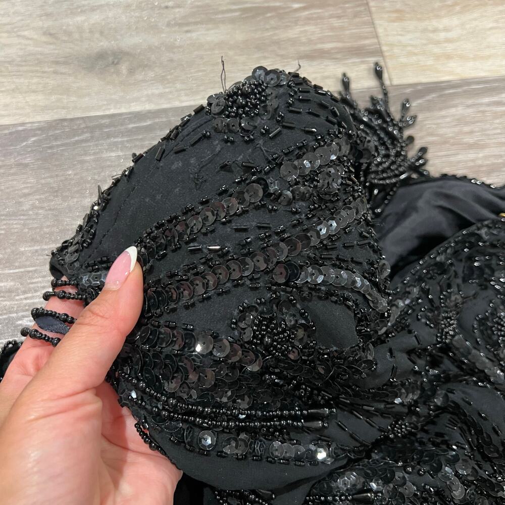 A.J. Bari 90's Black Beaded Vintage Open Back Flapper Dress size 14 - Picture 12 of 16